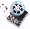 Laptop, movie reel